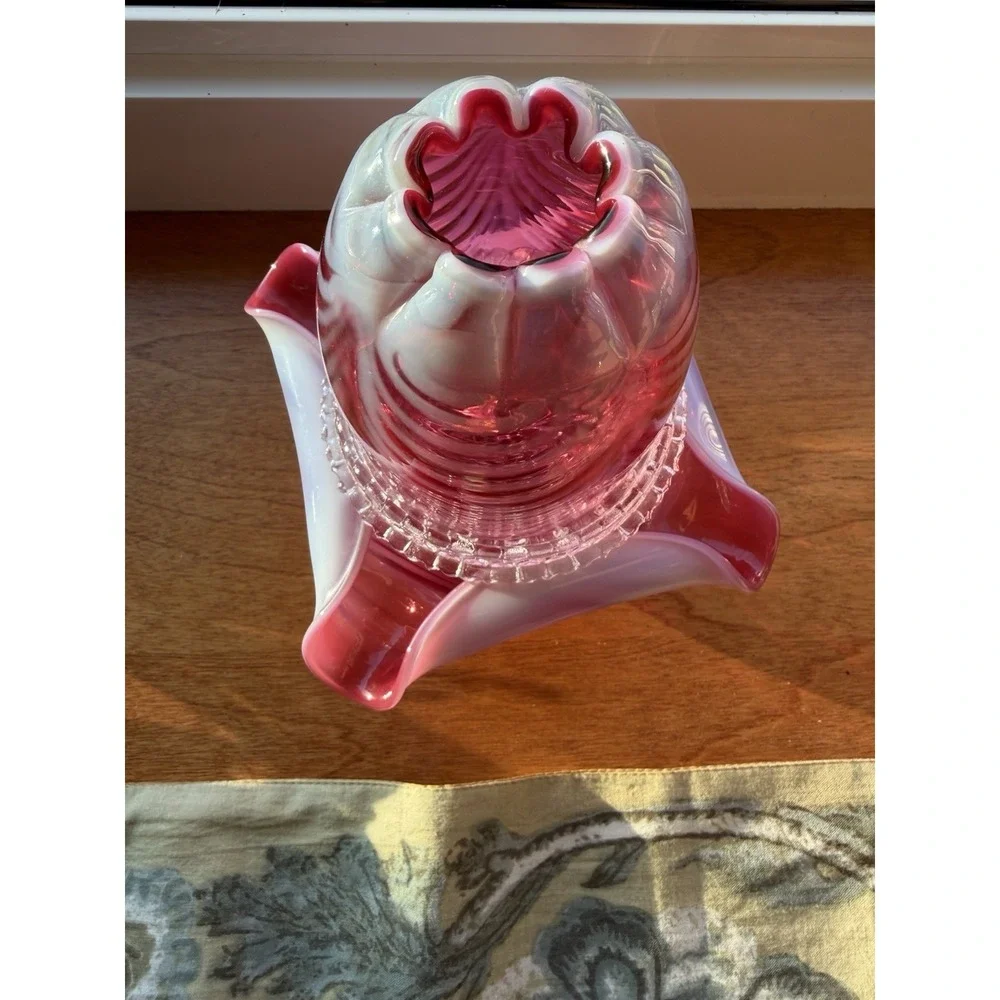 Fenton Fairy Lamp 3 Piece Cranberry Opalescent Swirl Drapery Pattern Candle